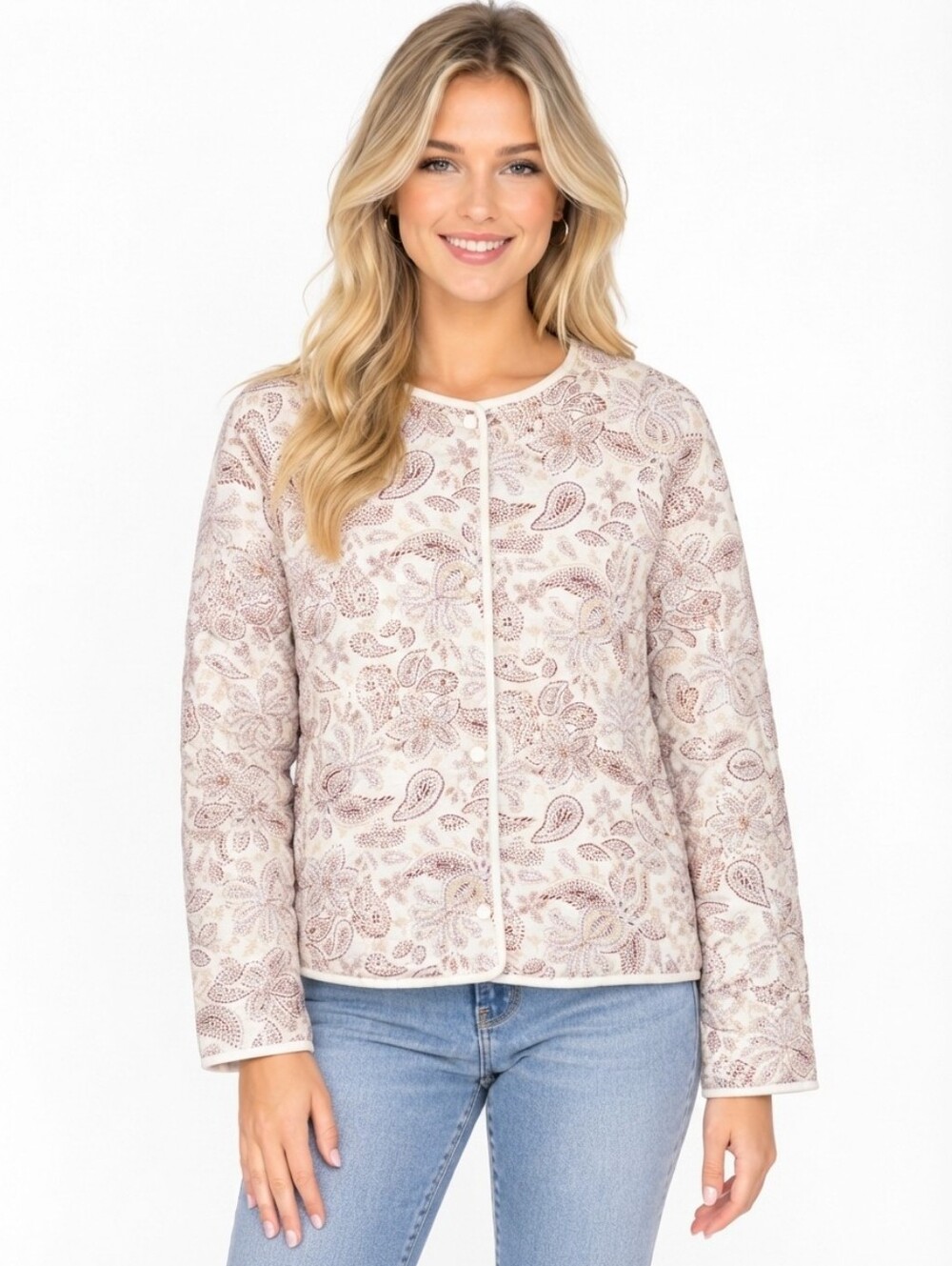 NWT Melrose and Market Quilted Paisley Jacket M Cream Maroon Boho Floral Snap